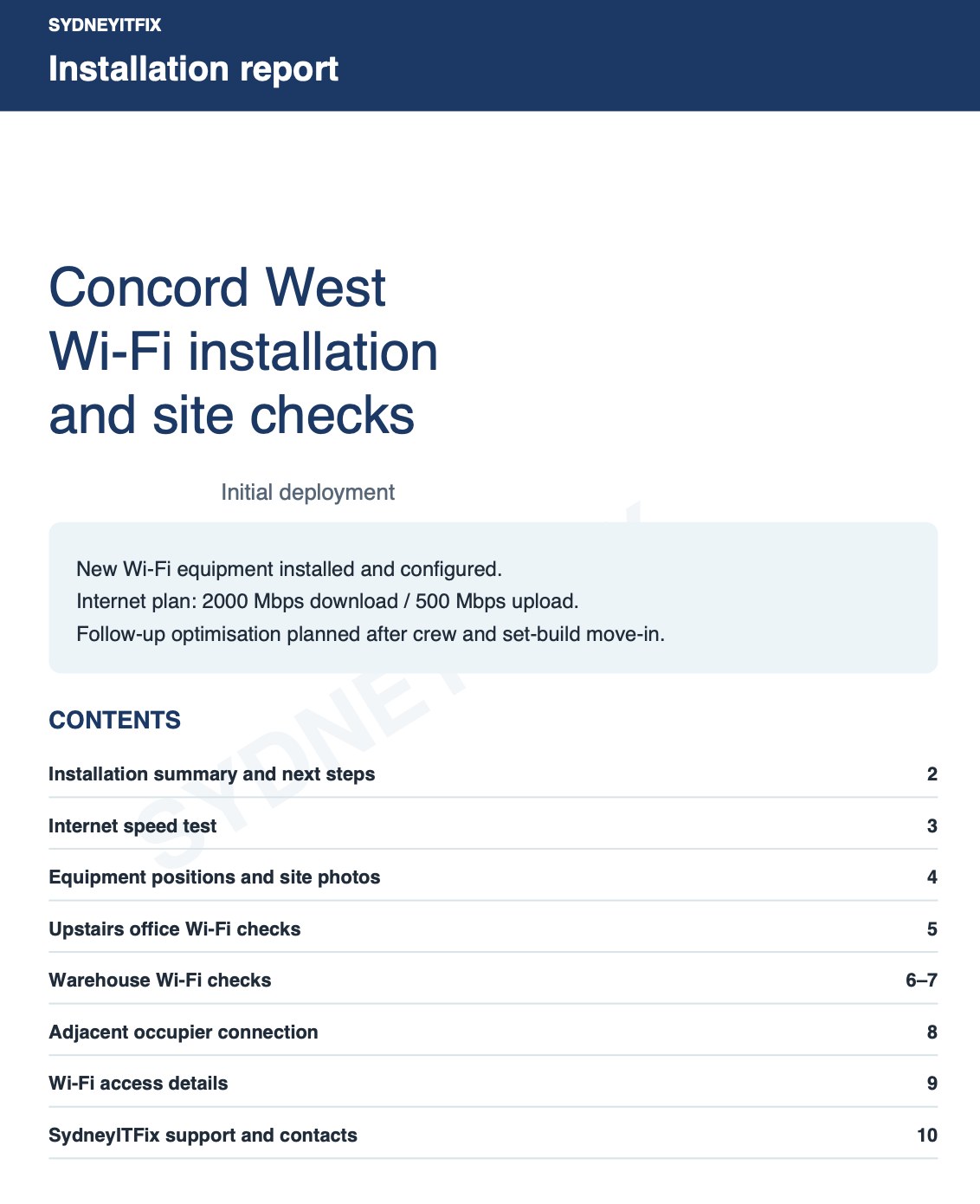 Cover of the installation and test report delivered on the day (client details removed)