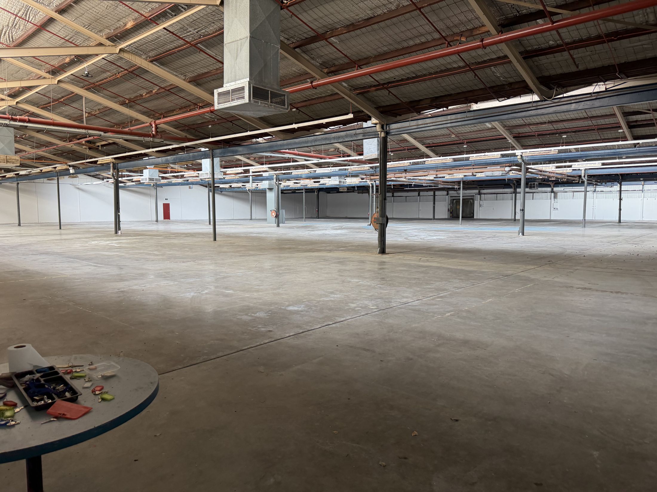 Inside the Concord West production warehouse: steel roof trusses and open floor