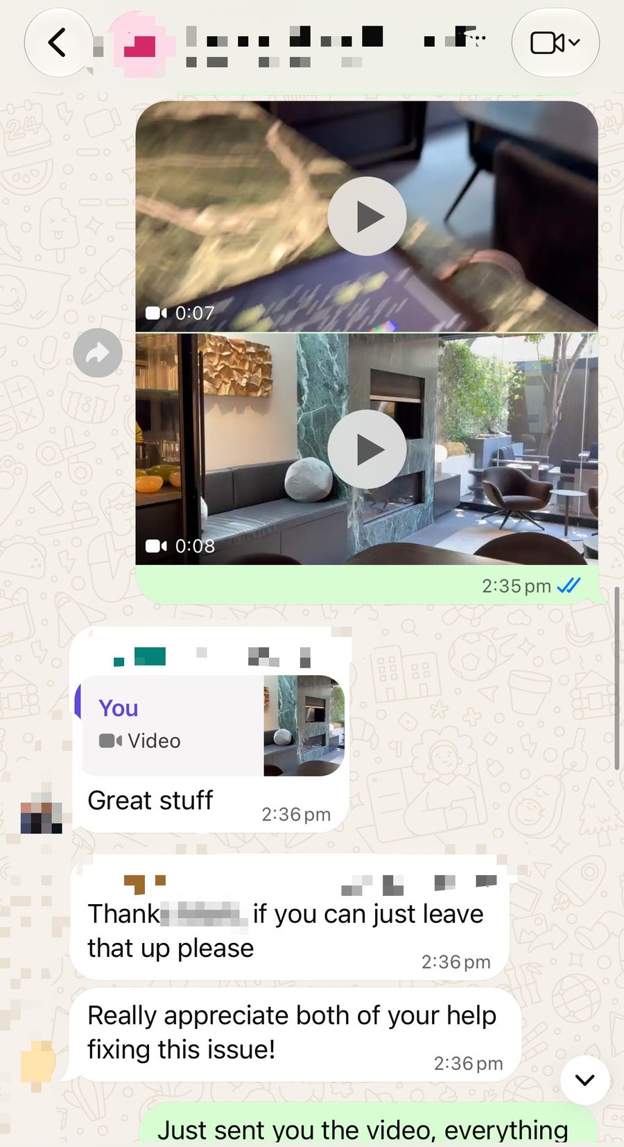 Three-way group chat screenshot (names hidden)